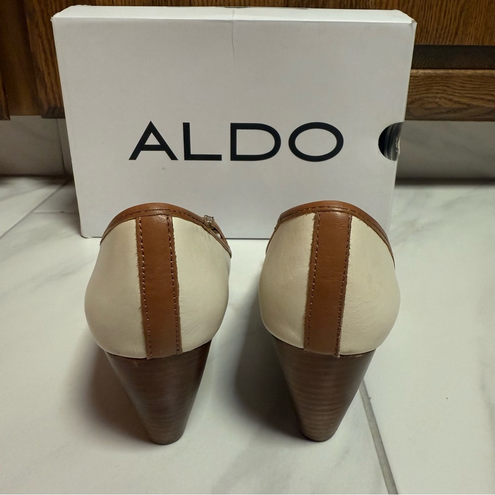Aldo Cream And Tan Buckle Peep Toe Wedges - image 4